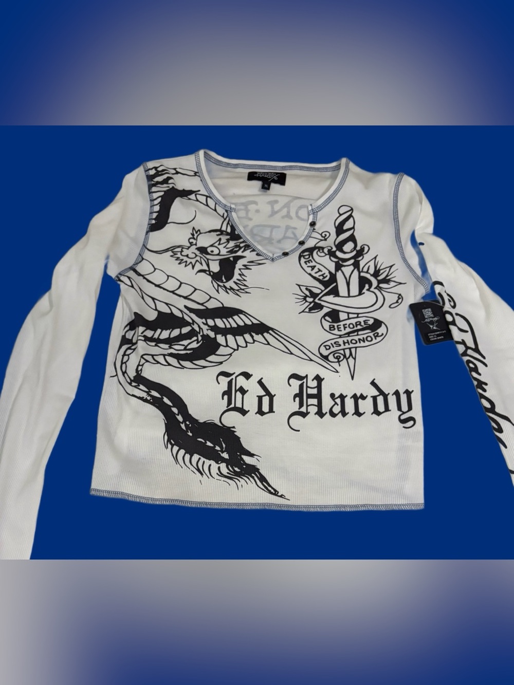 Women's Ed Hardy Women's White Graphic Long-Sleeve Ribbed Tee⭐️NWT⭐️